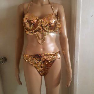 VINTAGE 60S BIKINI DANCER SHOWGIRLS SPECIAL EVENT GOLDEN SEQUINS SIZE US M